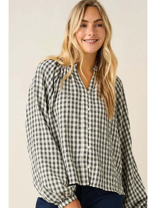 THE KATIE GINGHAM PRINT FRONT LONG SLEEVE TOP - dk green