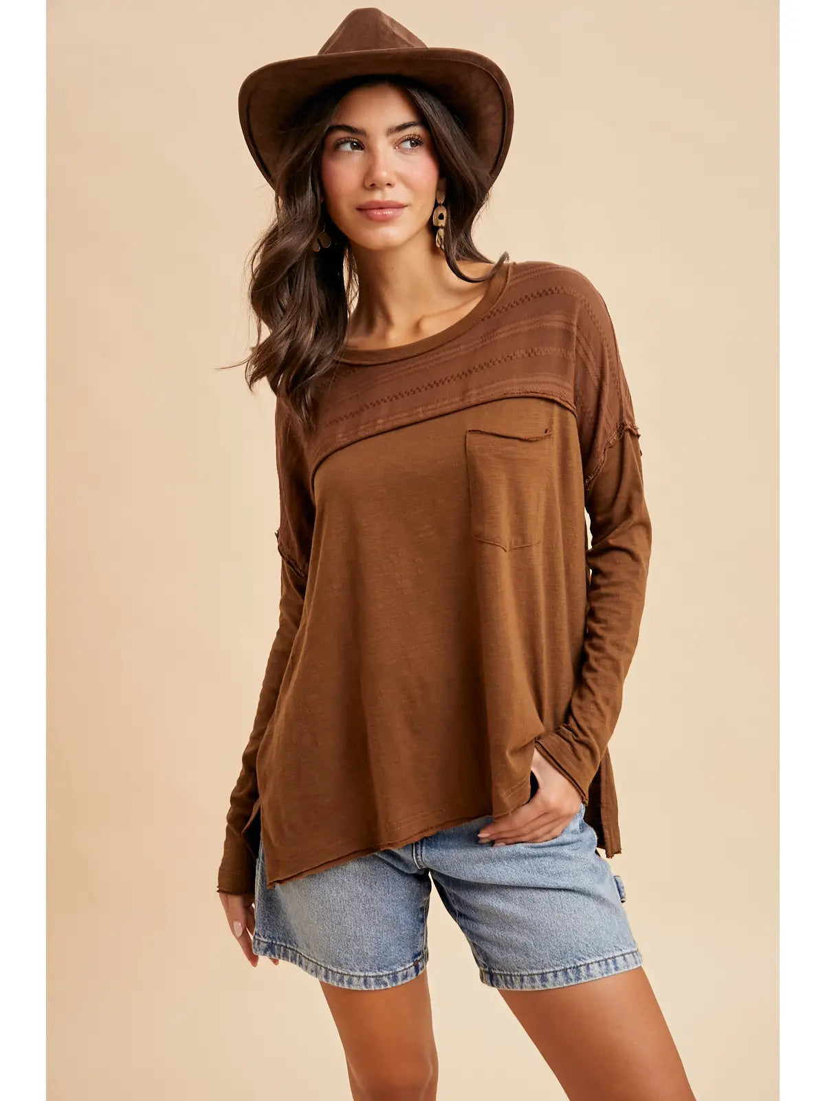 THE HODA EMBROIDERED PANEL POCKET TOP - mocha