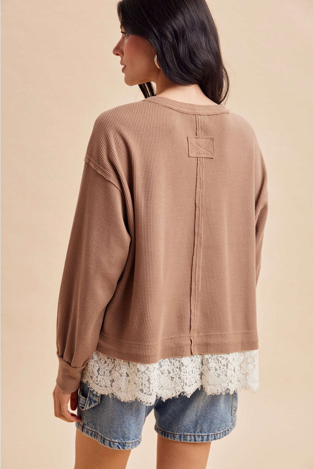 THE ELLA LACE TRIM THERMAL WAFFLE TOP - dark taupe