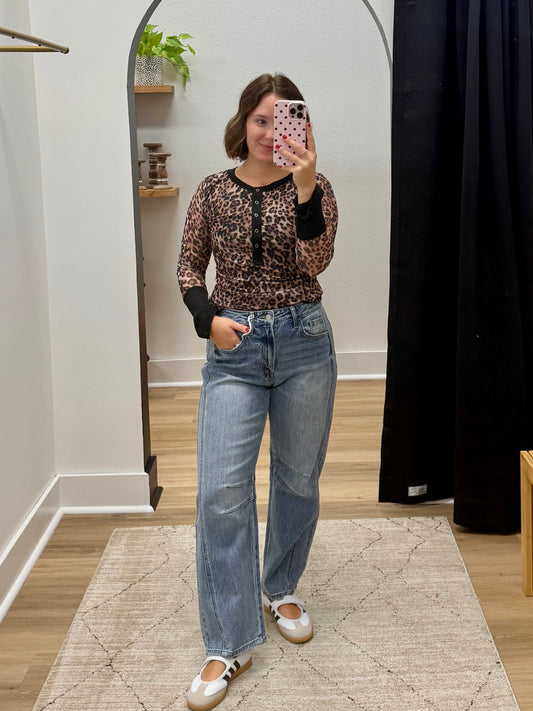 THE LILA ANIMAL PRINT MESH HENLEY TOP
