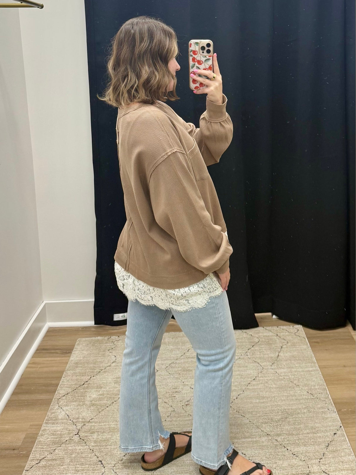 THE ELLA LACE TRIM THERMAL WAFFLE TOP - dark taupe