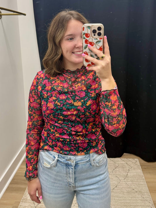 THE ROSE FLORAL MESH LONG SLEEVE TOP