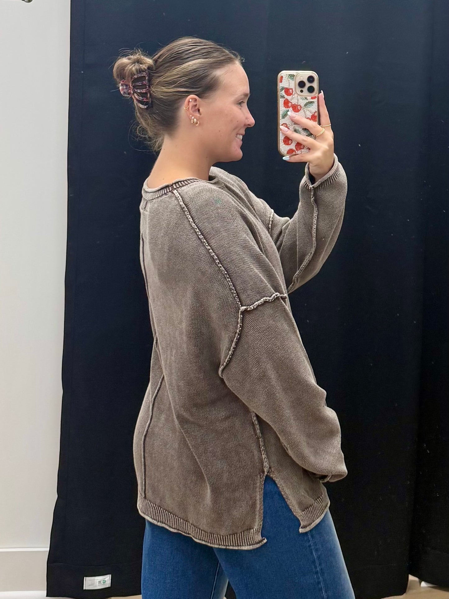 THE BETH WASHED RAW EDGE SWEATER - brown