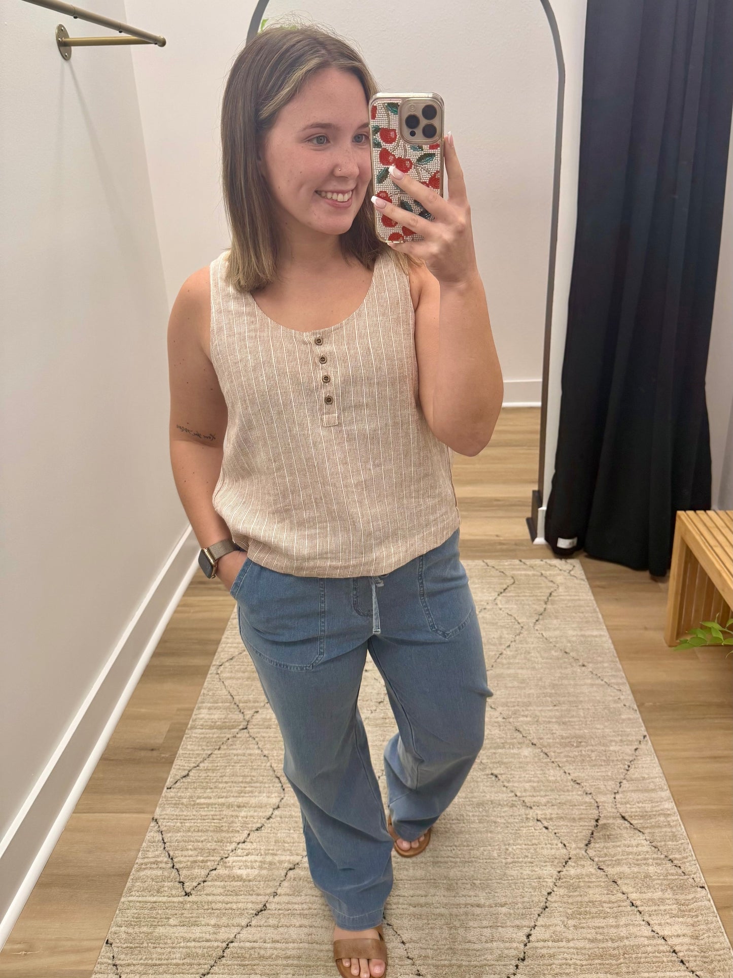THE LAKELYN STRIPE LINEN BLEND TANK - almond
