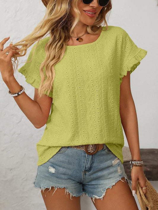 THE NANCY EYELET FLUTTER SLEEVE TOP - green