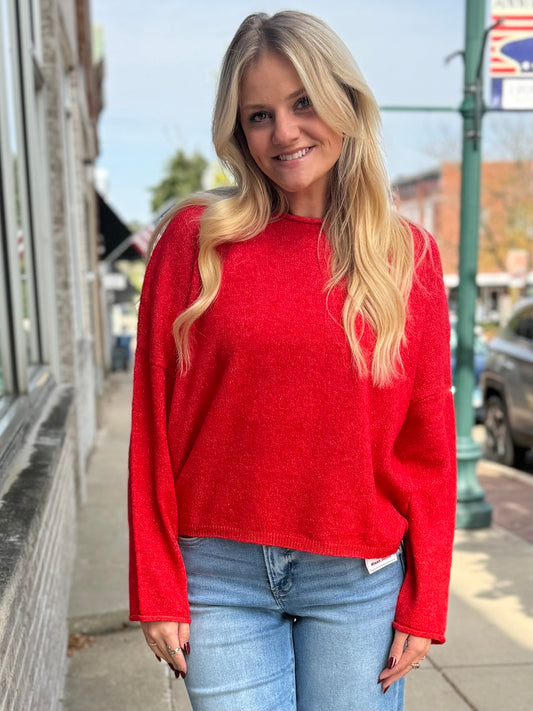 THE STACEY ROLLED SLEEVE BASIC CHRISTMAS SWEATER -  red