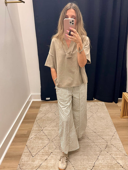 THE HALEY STRIPED TULIP HEM COTTON PANTS - tan