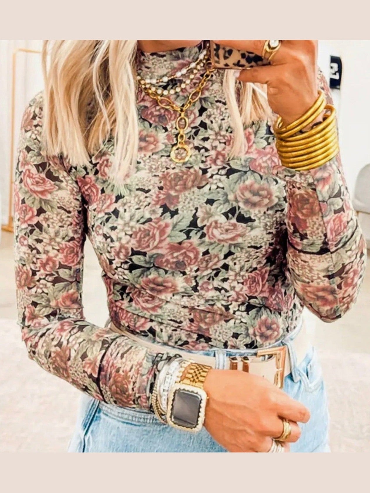 THE CHELSEY FLORAL MESH TOP - black