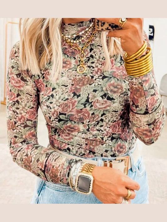 THE CHELSEY FLORAL MESH TOP - black