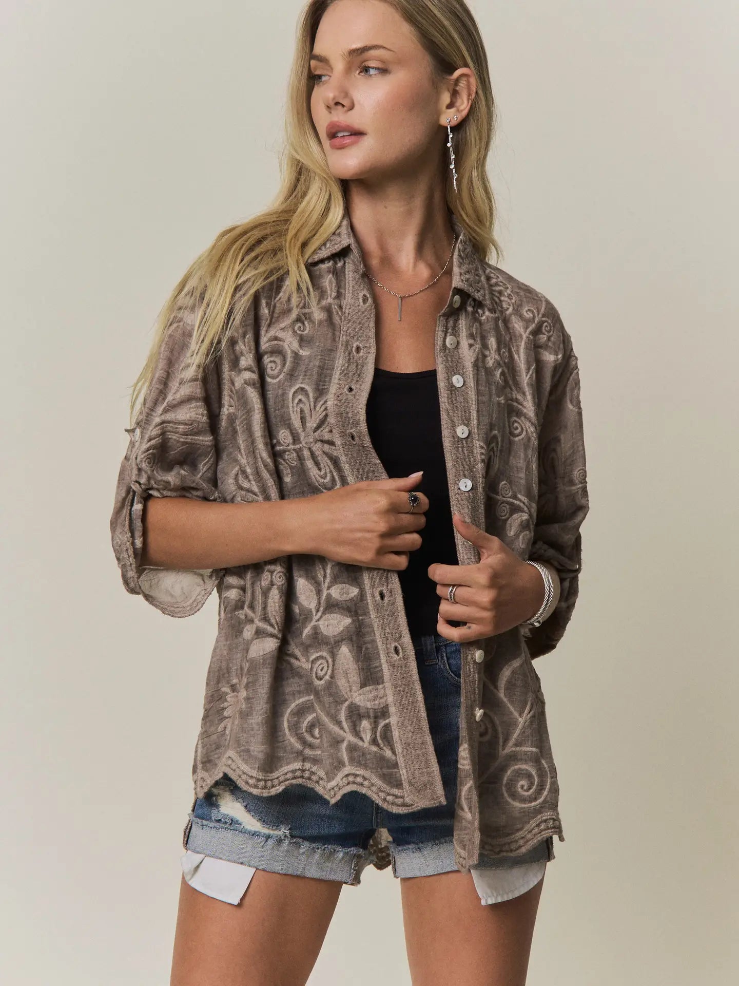 THE ADORA BOHO EMBROIDERED BUTTON DOWN - mocha
