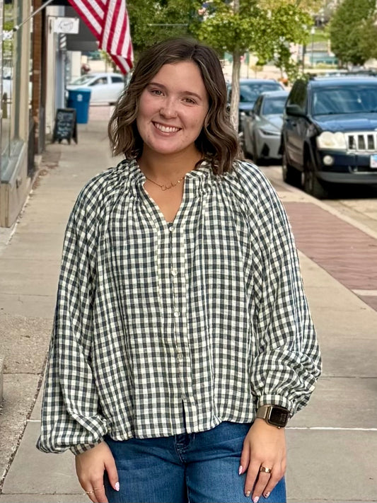 THE KATIE GINGHAM PRINT FRONT LONG SLEEVE TOP - dk green