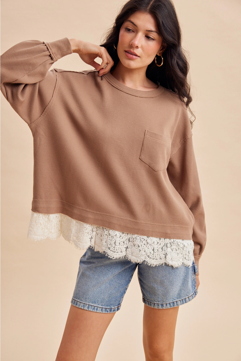 THE ELLA LACE TRIM THERMAL WAFFLE TOP - dark taupe