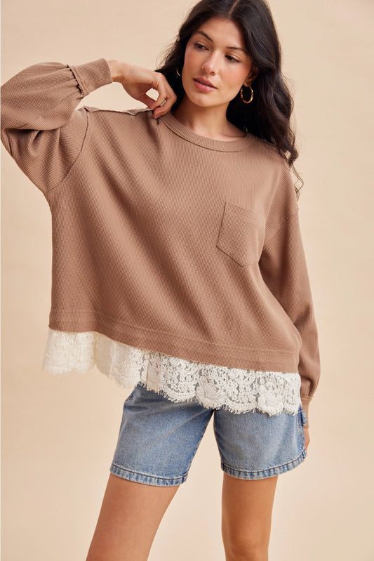 THE ELLA LACE TRIM THERMAL WAFFLE TOP - dark taupe