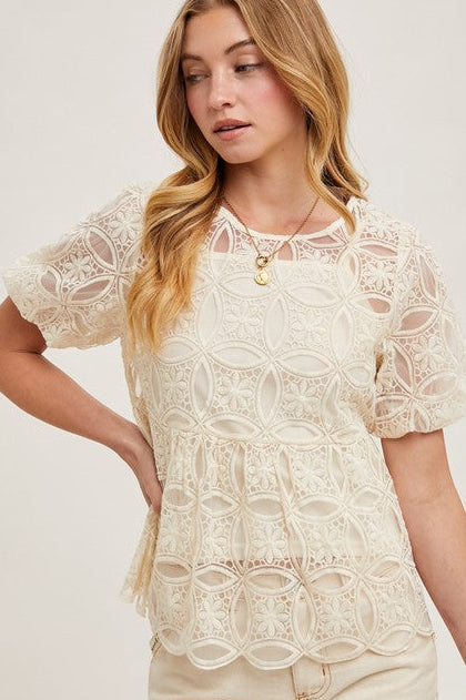 THE MAE BALLOON SLEEVE SHEER LACE TOP