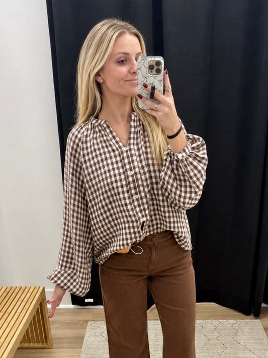 THE KATIE GINGHAM PRINT FRONT LONG SLEEVE TOP - brown