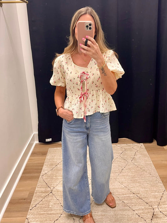 THE JORDAN DAINTY FLORAL GAUZE TIE BLOUSE