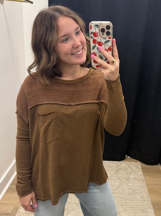 THE HODA EMBROIDERED PANEL POCKET TOP - mocha