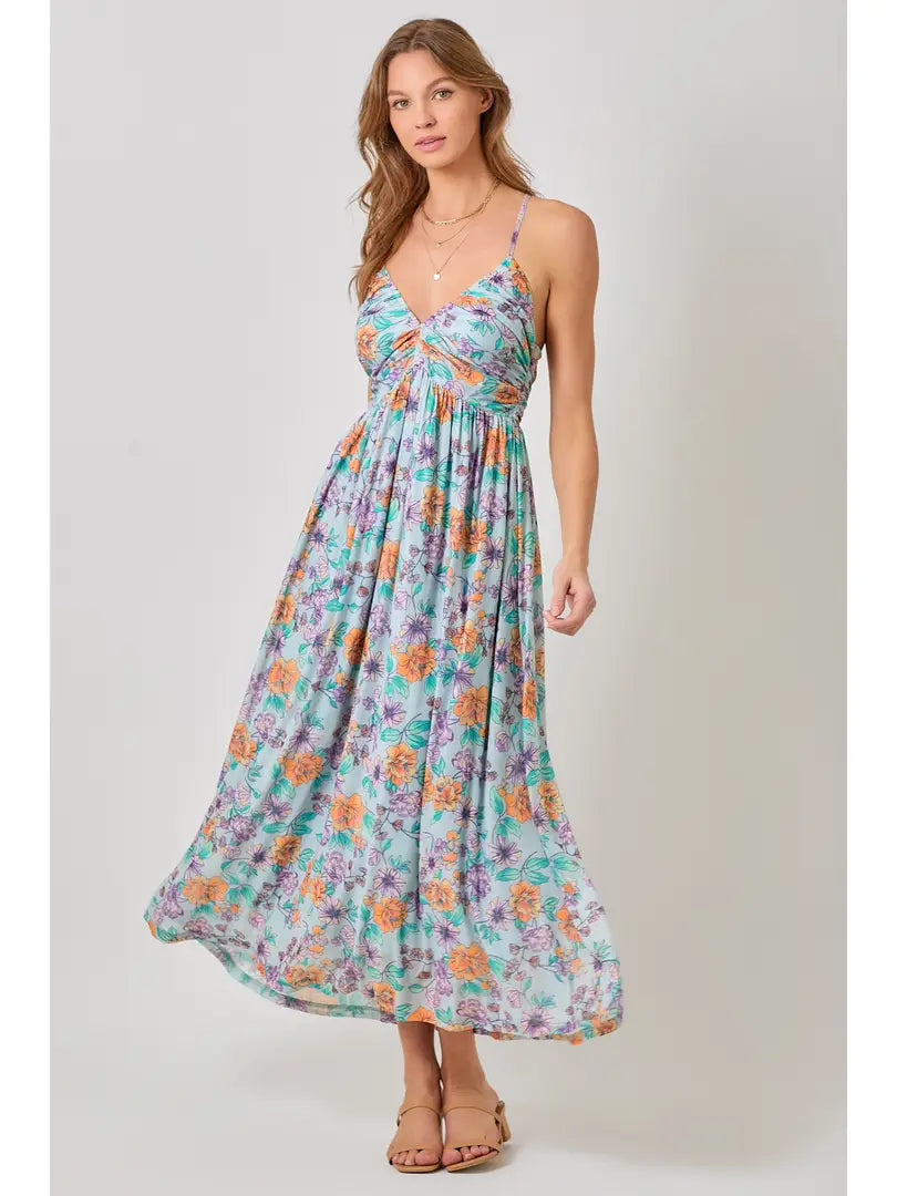 THE ELLA CRISS CROSS BACK PLEATING DRESS - blue floral