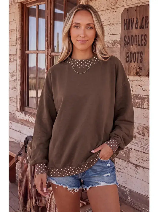 THE JOY POLKA DOT MOCK NECK TOP - brown