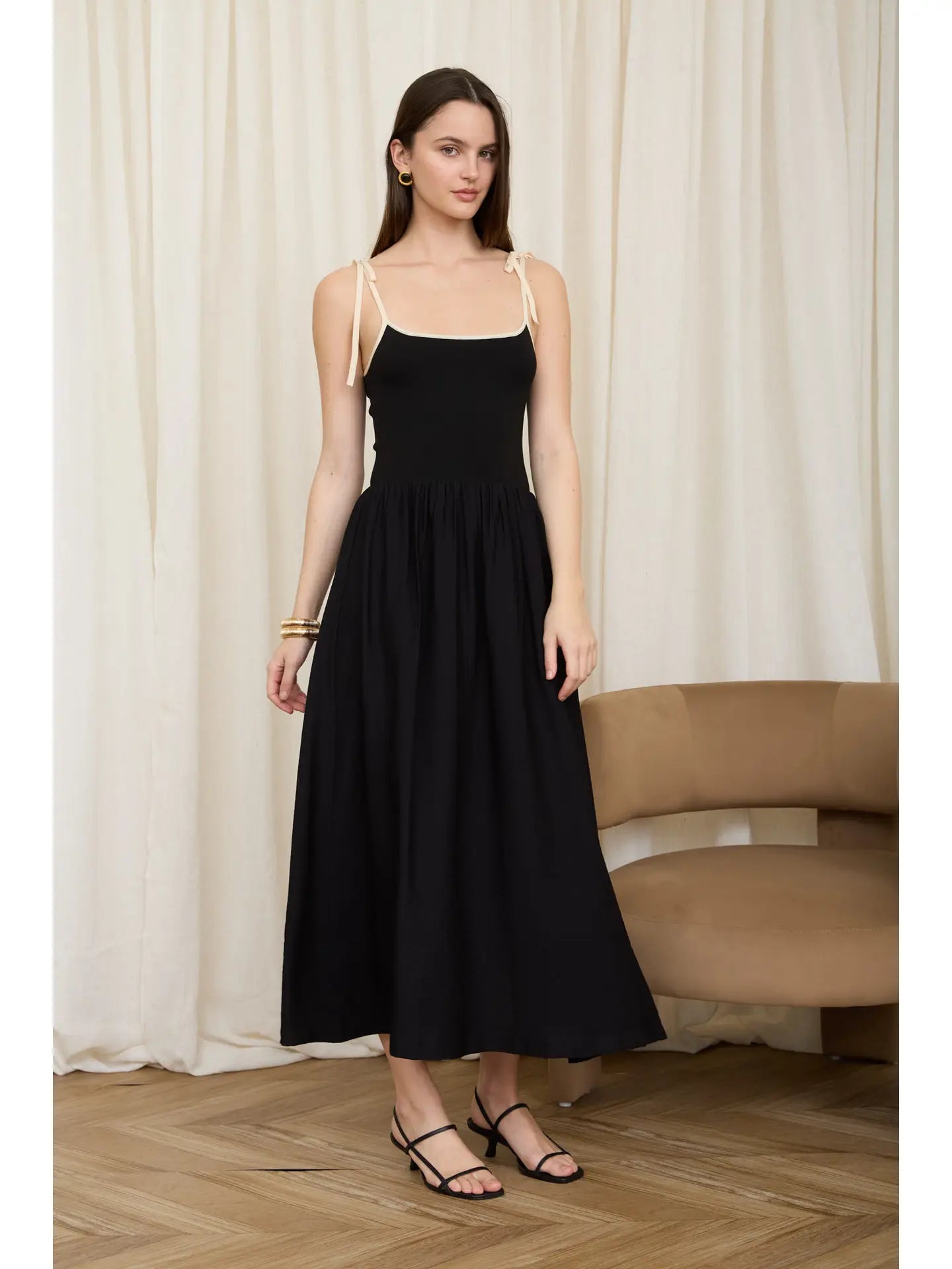 THE EVIE CONTRAST TIE MIX MEDIA DRESS - black