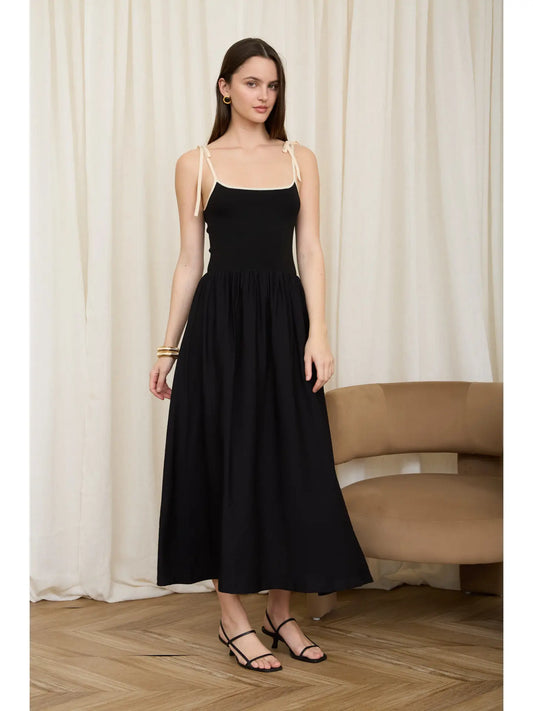 THE EVIE CONTRAST TIE MIX MEDIA DRESS - black