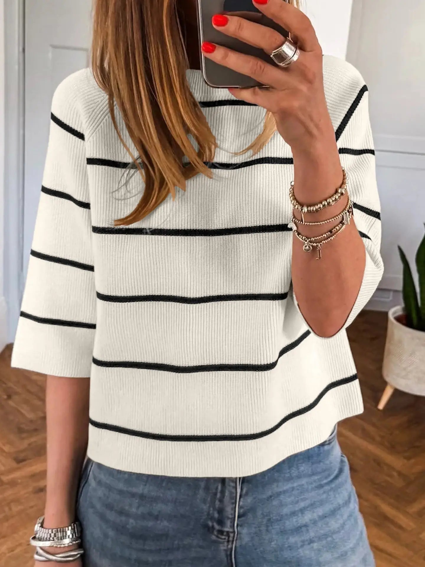 THE MARLEE 3/4 SLEEVE STRIPED SWEATER - black/ivory