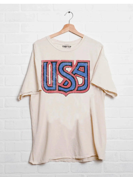 LIVY LU USA MONOGRAM DISTRESSED GRAPHIC TEE - sand