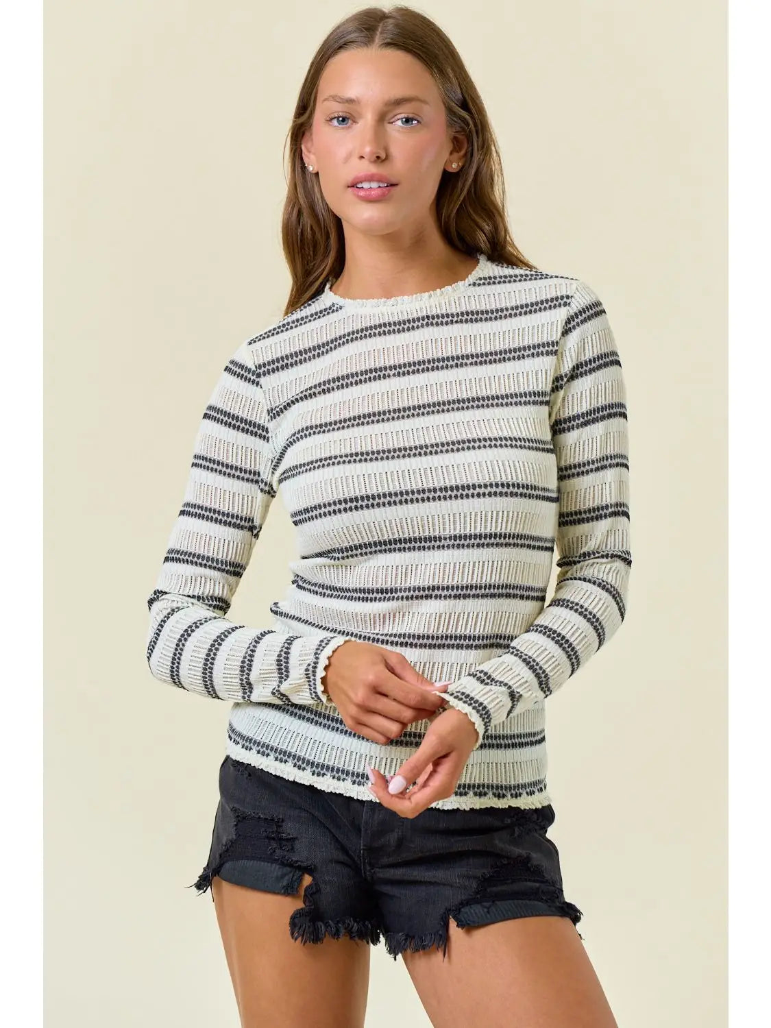 THE RACHEL MESH RUFFLE TOP - striped