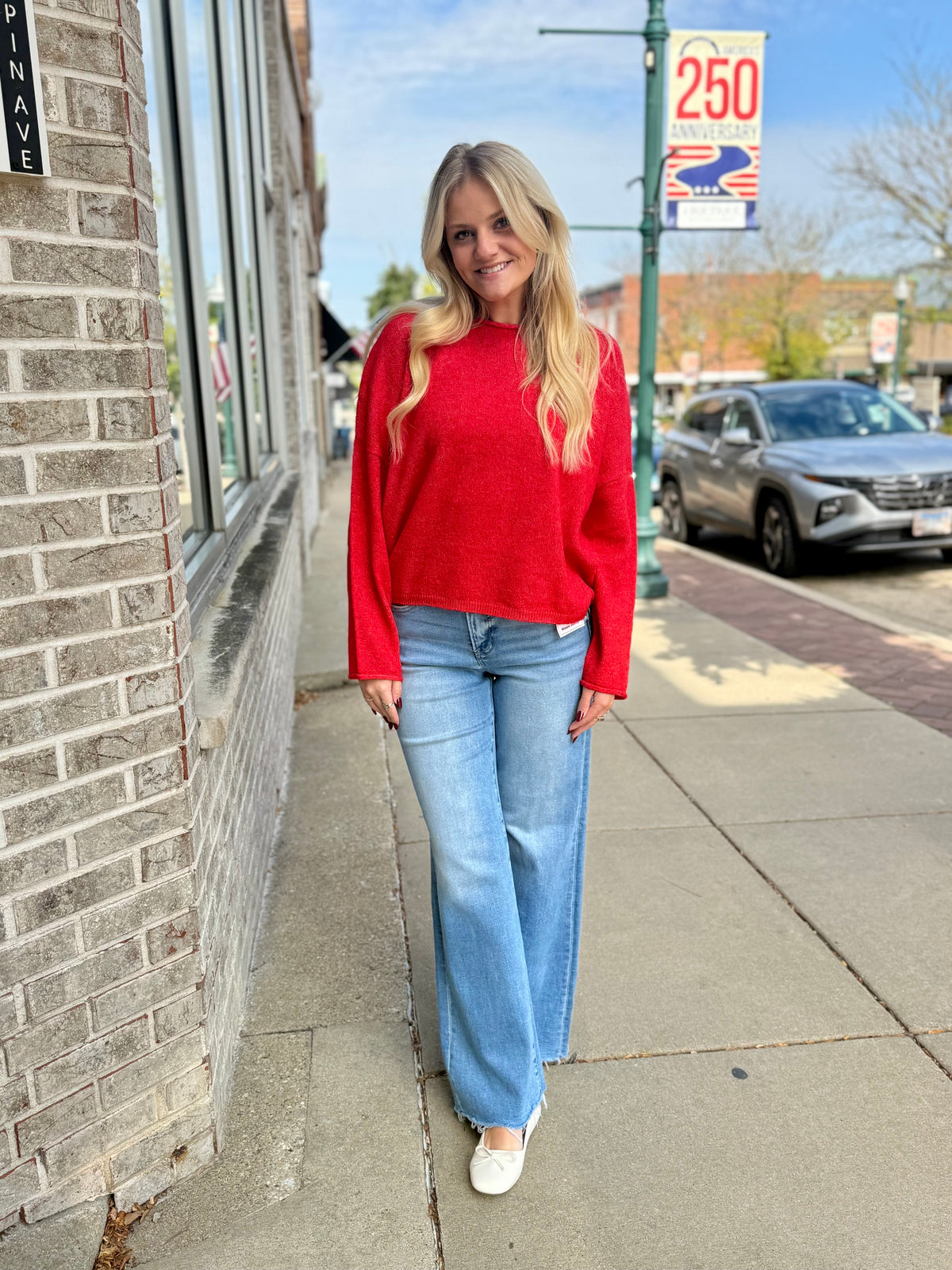 THE STACEY ROLLED SLEEVE BASIC CHRISTMAS SWEATER -  red