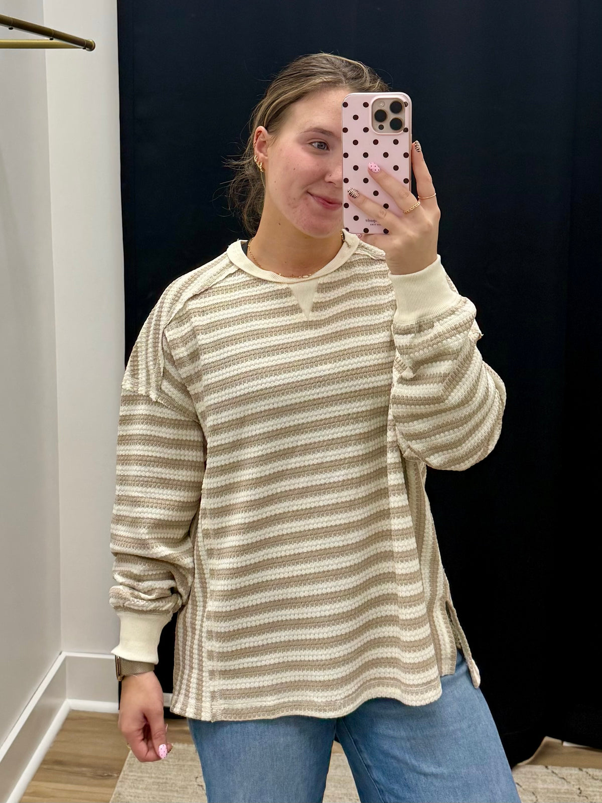 THE JO STRIPED WAFFLE TOP - taupe
