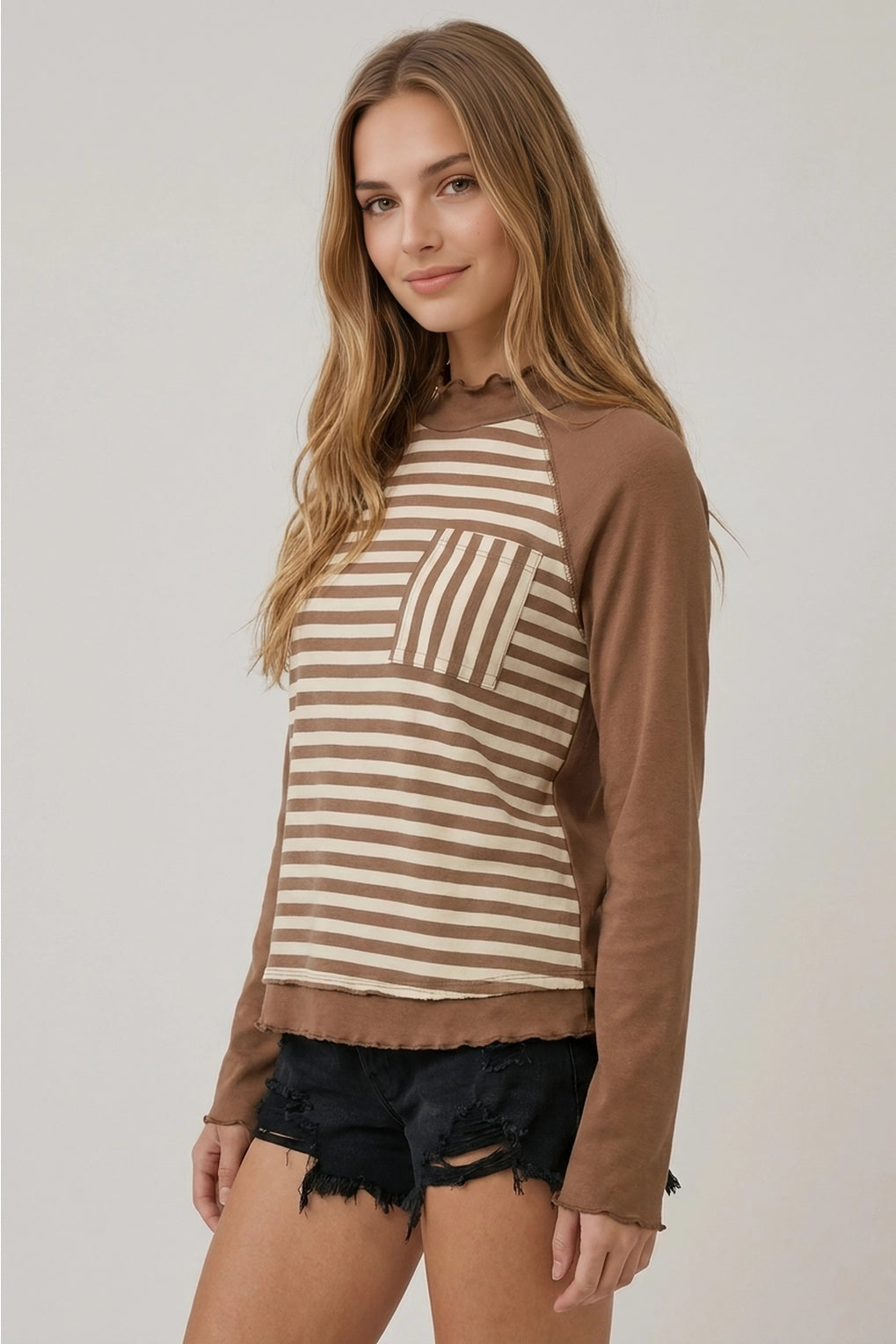 THE SAM STRIPE & RIB MIX MOCK NECK TOP - cocoa