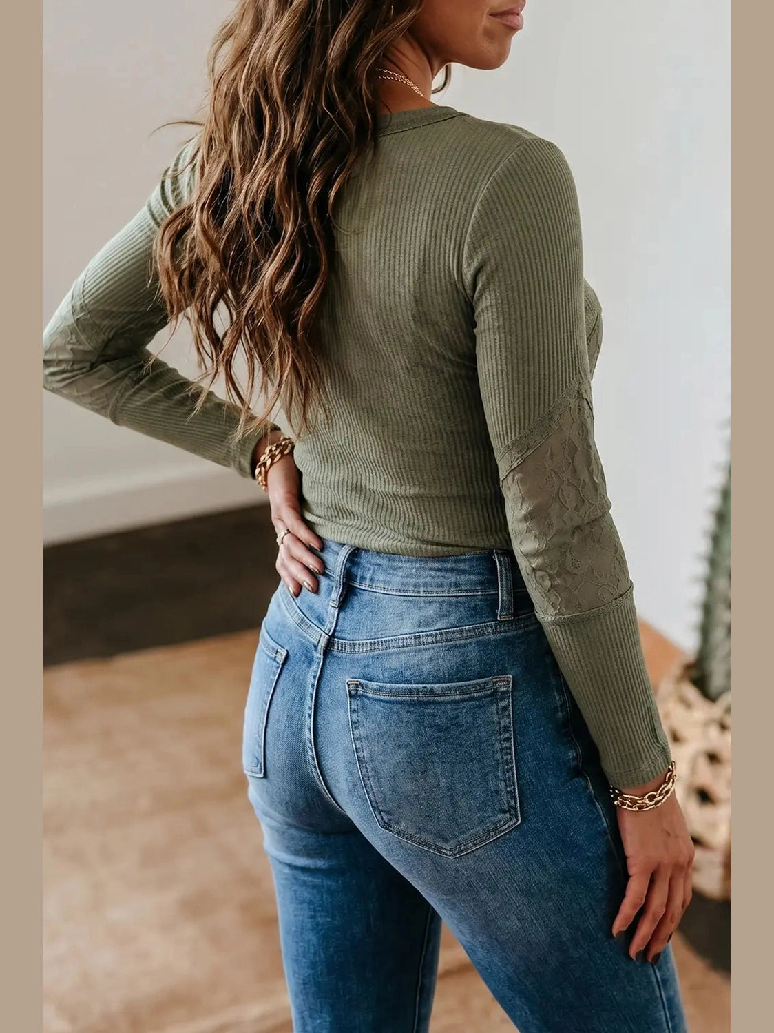 THE WENDY WAFFLE RIBBED LACE PATCH TOP - sage