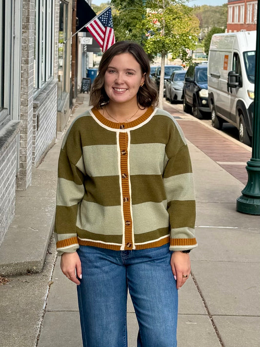 THE LAYNI STRIPED CARDI SWEATER - sage