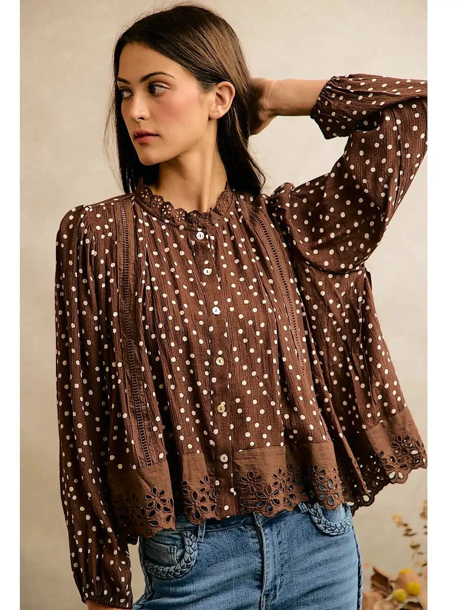 THE SHERRIE POLKA DOT LACE TRIM BLOUSE - brown