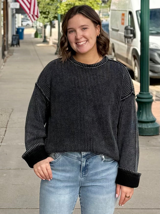 THE KANDIE CUFFED WASHED LONG SWEATER - black