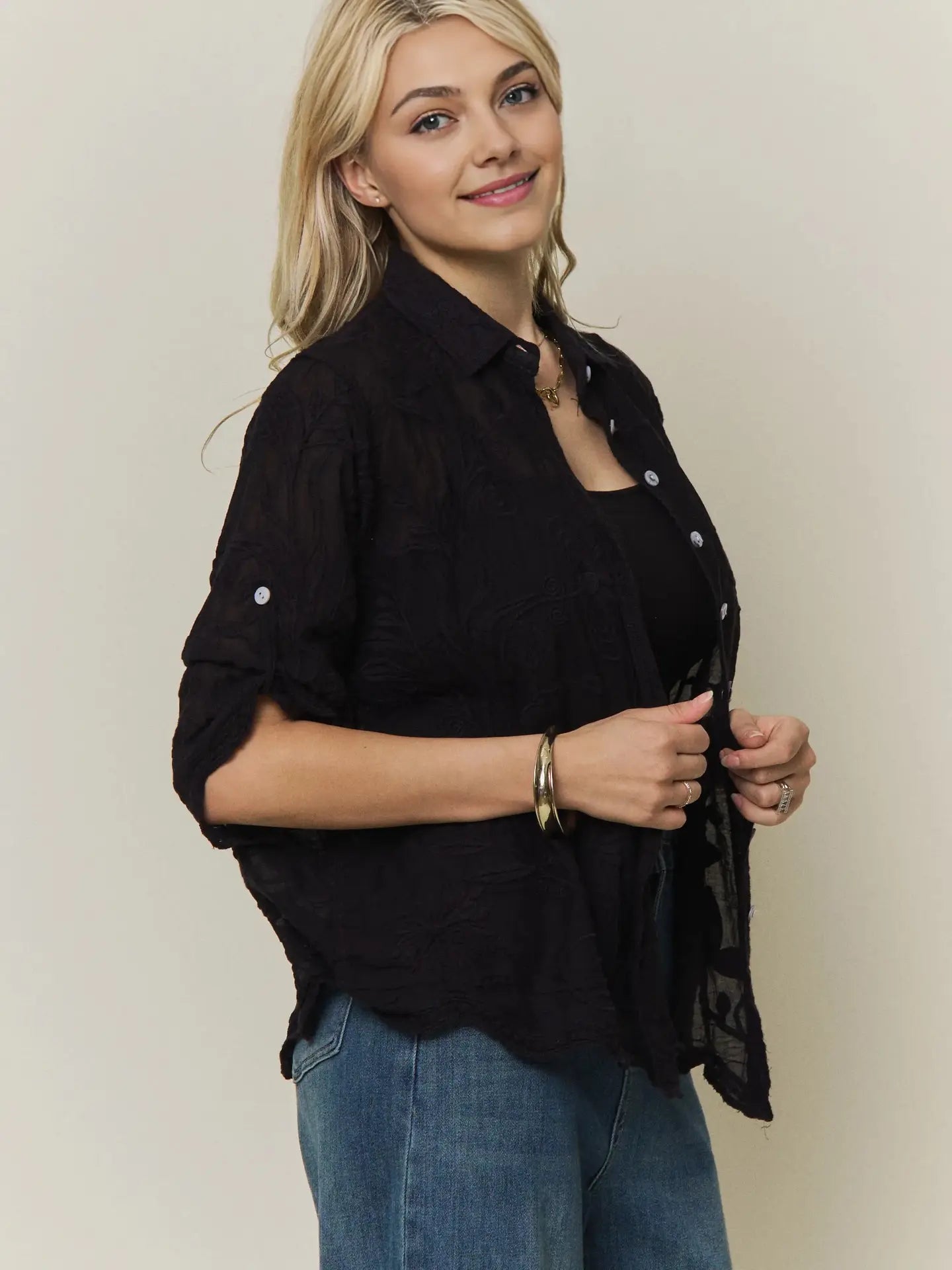 THE ADORA BOHO EMBROIDERED BUTTON DOWN - black