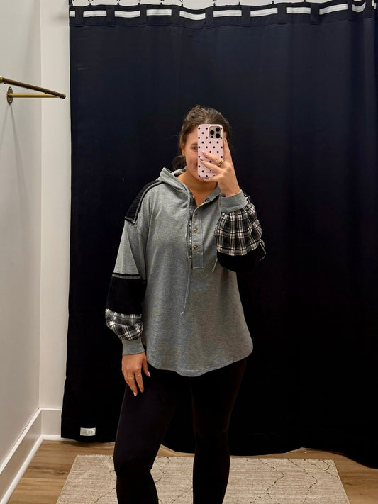 THE MONICA PLAID CONTRAST HOODIE - grey/black