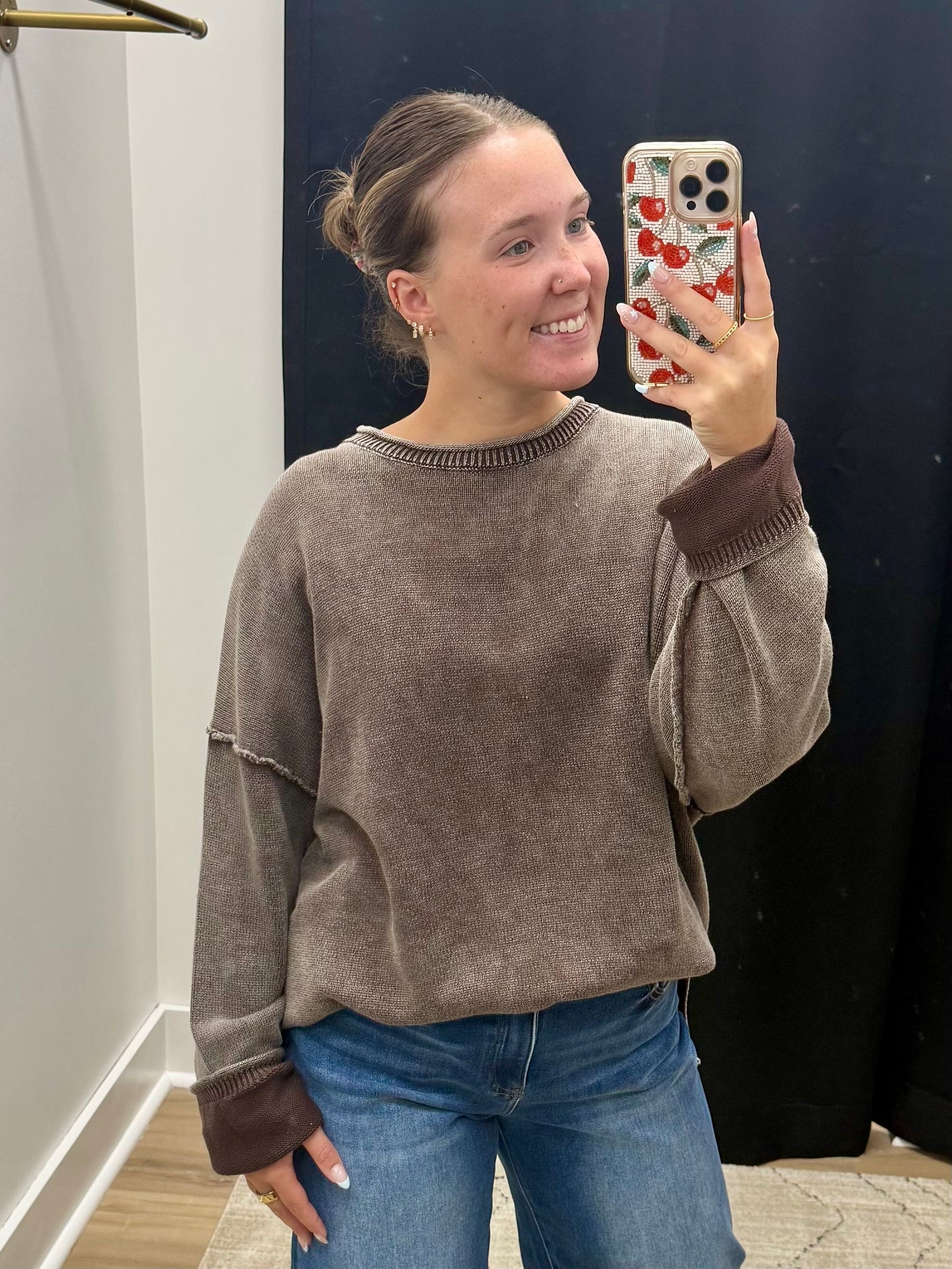 THE BETH WASHED RAW EDGE SWEATER - brown