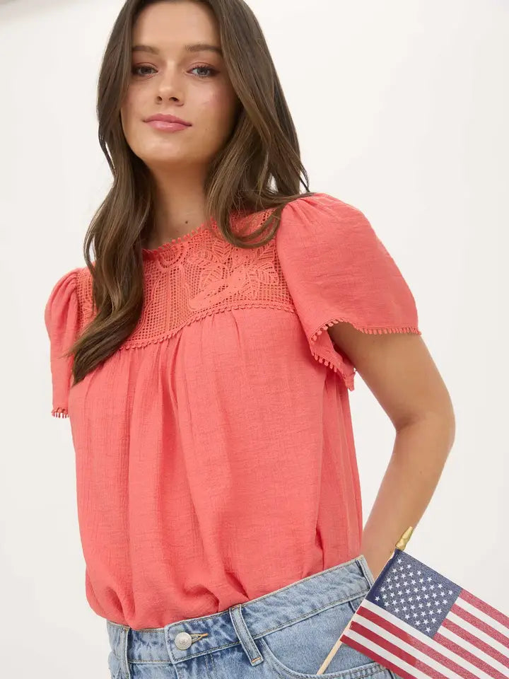 THE MARYBETH LACE YOKE POMPON BLOUSE - coral
