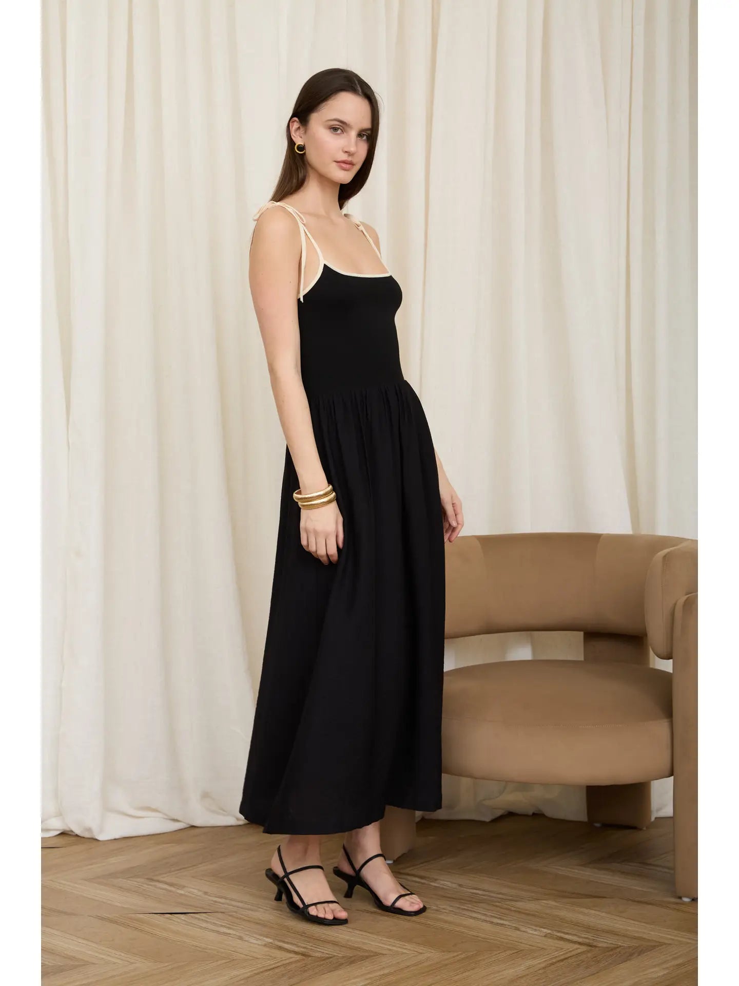 THE EVIE CONTRAST TIE MIX MEDIA DRESS - black