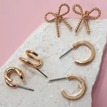 TRIO HUGGIE BOW HOOP TITANIUM POST EARRINGS - gold