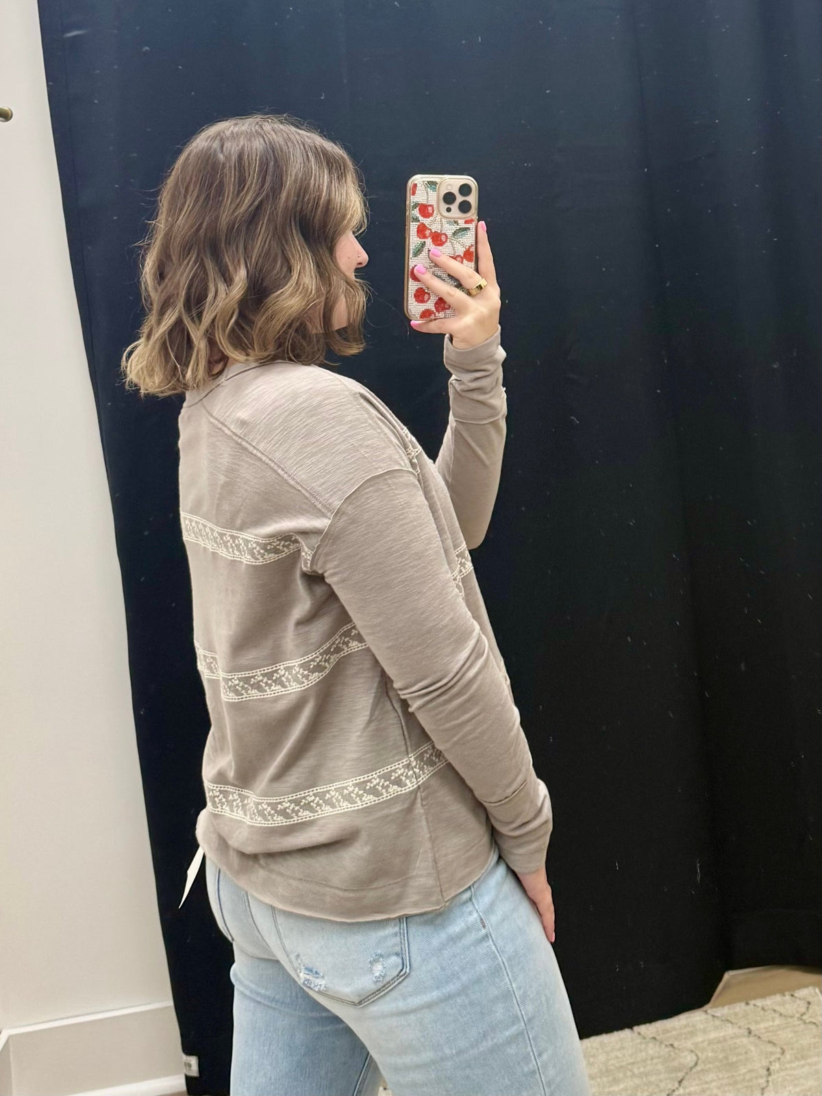 THE KACEE EMBROIDERED STRIPED TOP - stone taupe