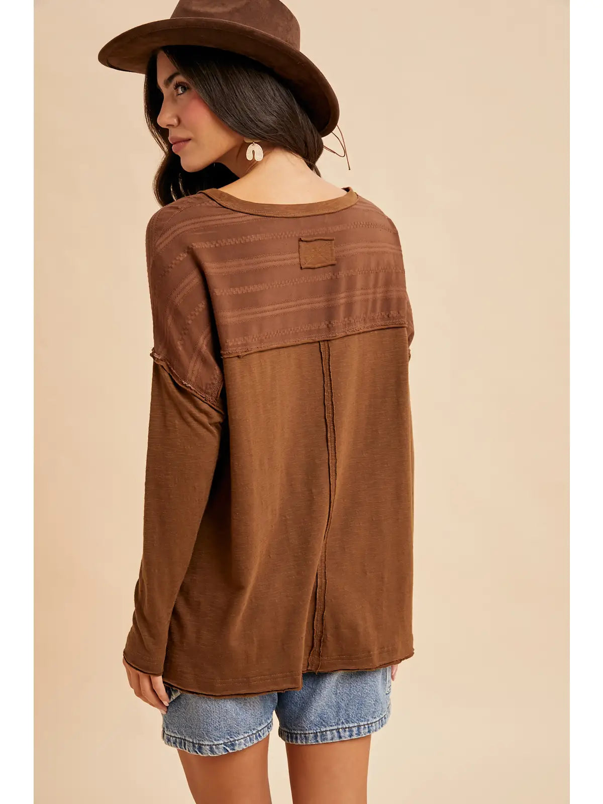 THE HODA EMBROIDERED PANEL POCKET TOP - mocha