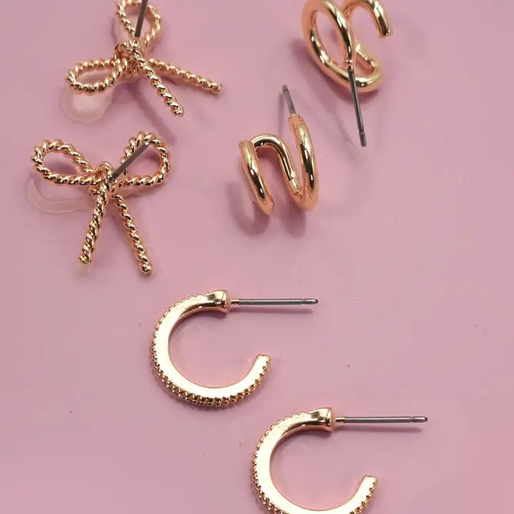 TRIO HUGGIE BOW HOOP TITANIUM POST EARRINGS - gold