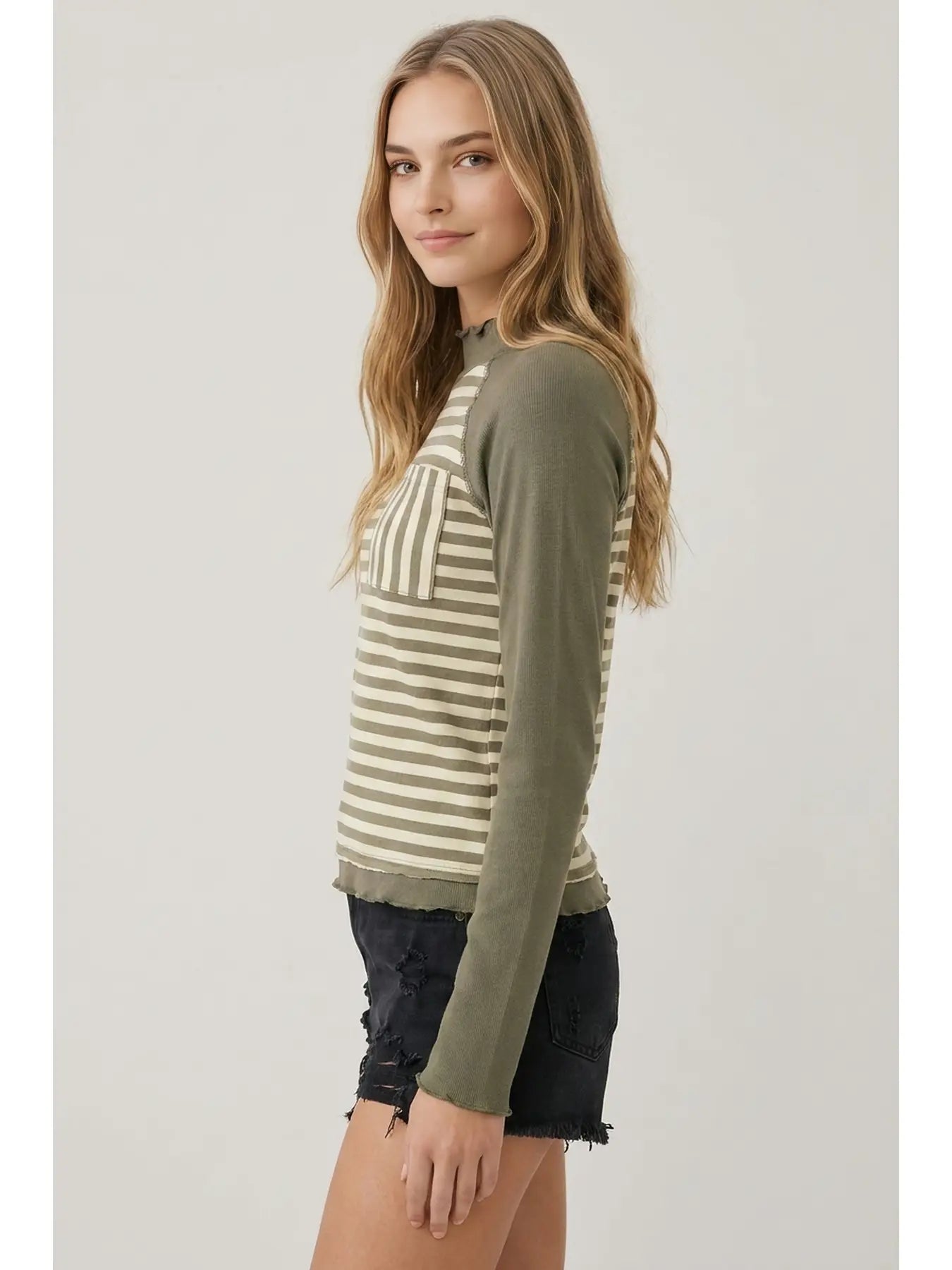 THE SAM STRIPE & RIB MIX MOCK NECK TOP - faded olive