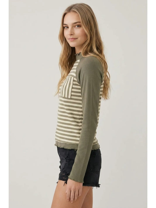 THE SAM STRIPE & RIB MIX MOCK NECK TOP - faded olive