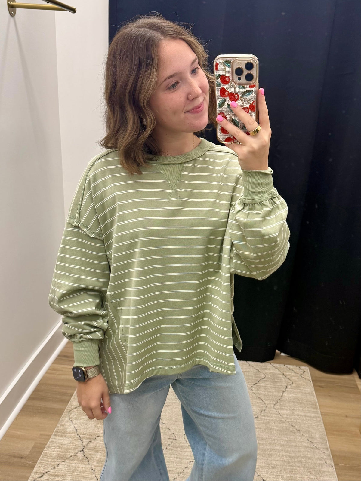 THE LONNI STRIPED LONG SLEEVE TOP - sage
