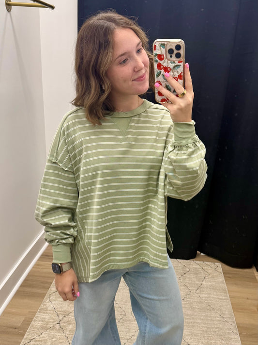 THE LONNI STRIPED LONG SLEEVE TOP - sage