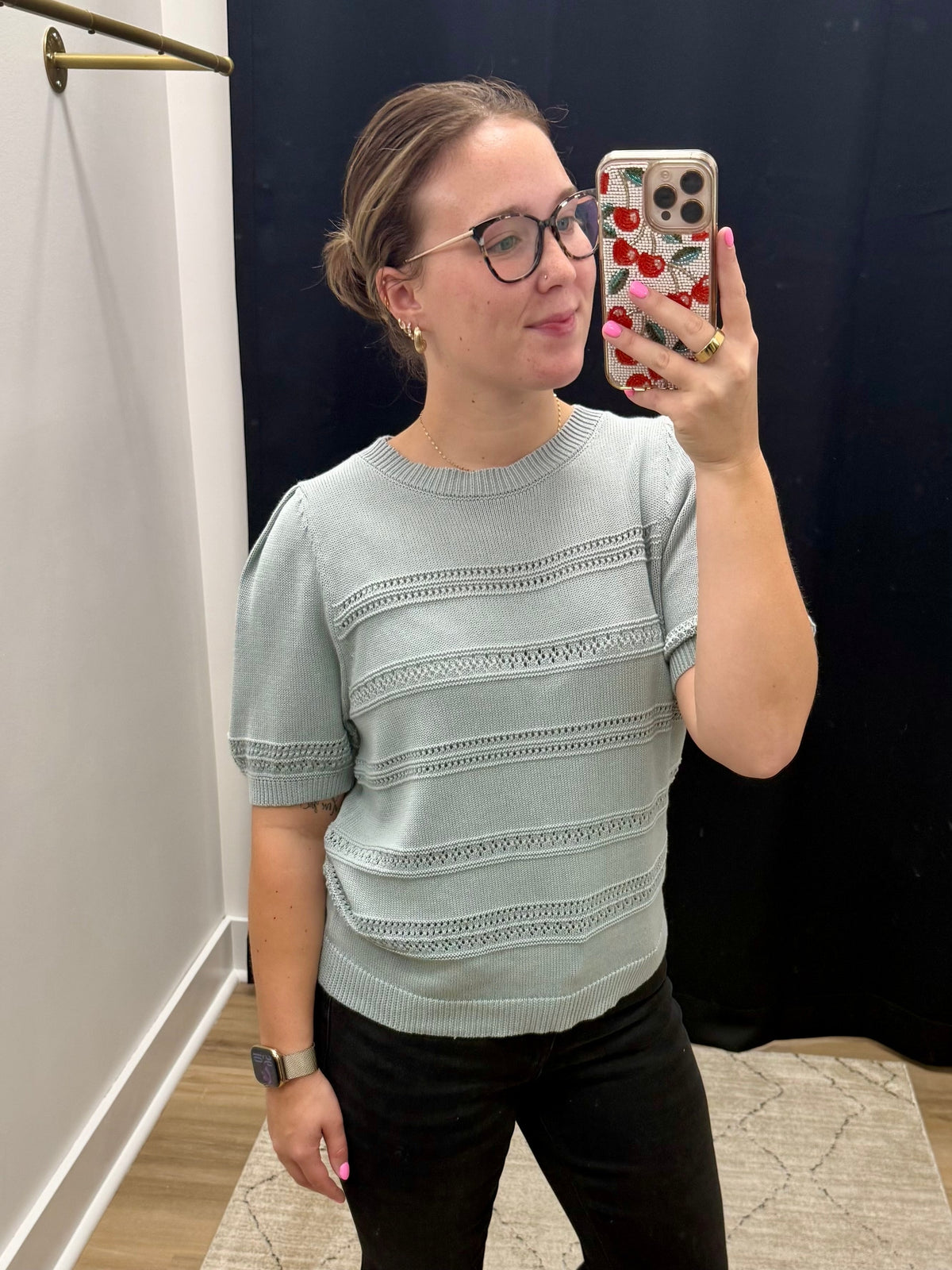 THE KATIE CROCHET SHORT SLEEVE - dusty blue