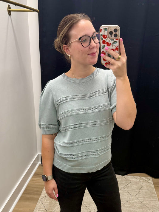 THE KATIE CROCHET SHORT SLEEVE - dusty blue